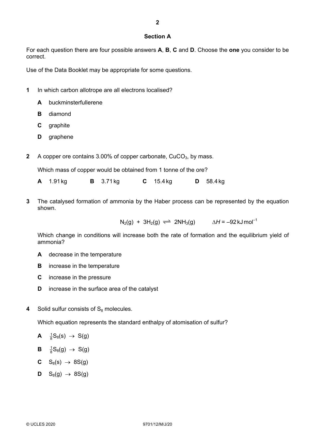 Cambridge A Level Chemistry 9701 2020 May/June Paper 1 · Variant 2 question paper, page 2 of 16