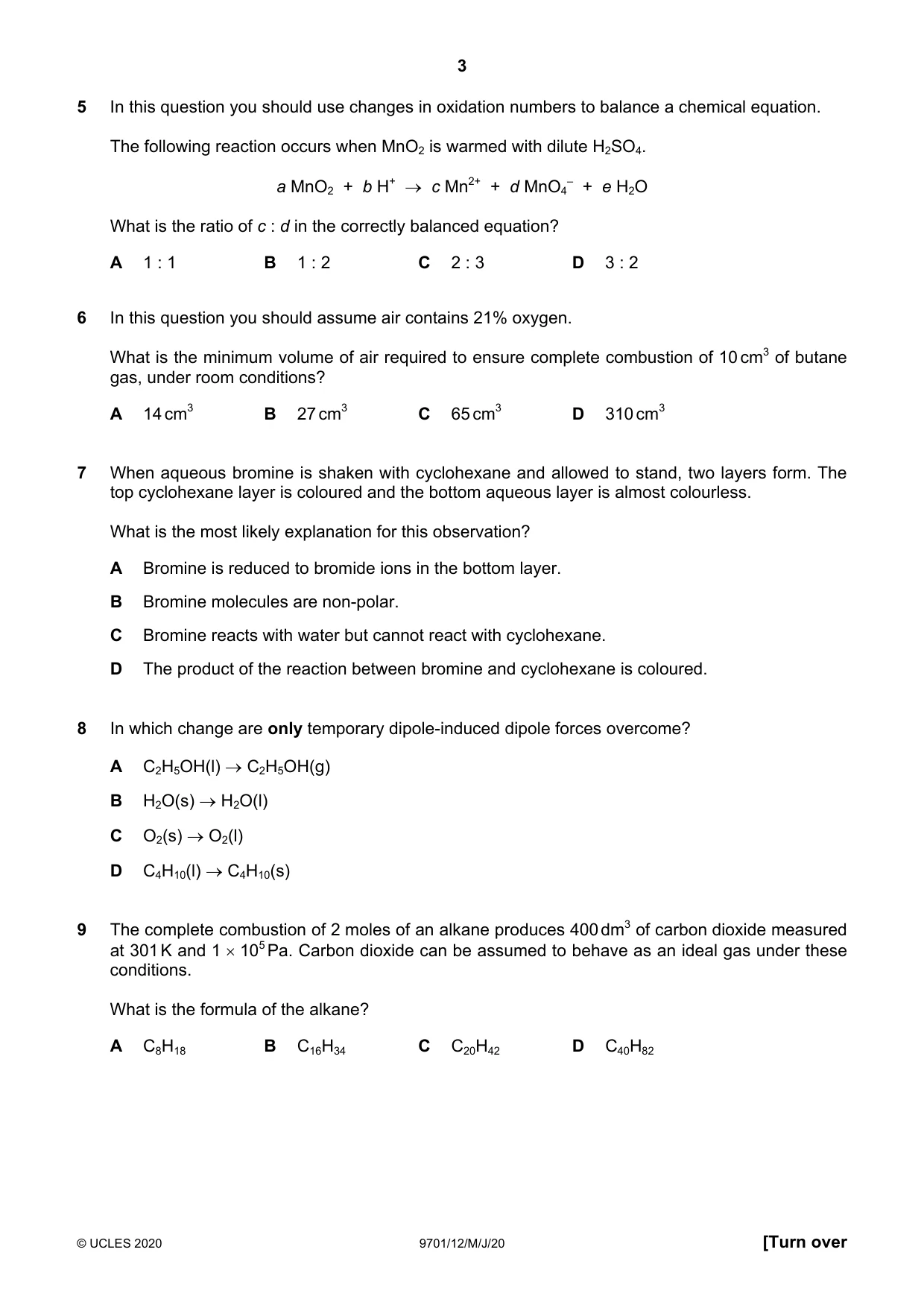 Cambridge A Level Chemistry 9701 2020 May/June Paper 1 · Variant 2 question paper, page 3 of 16