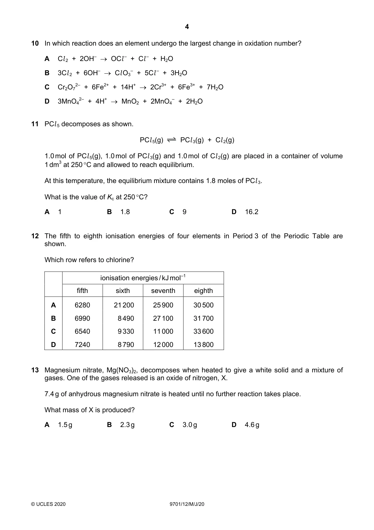 Cambridge A Level Chemistry 9701 2020 May/June Paper 1 · Variant 2 question paper, page 4 of 16