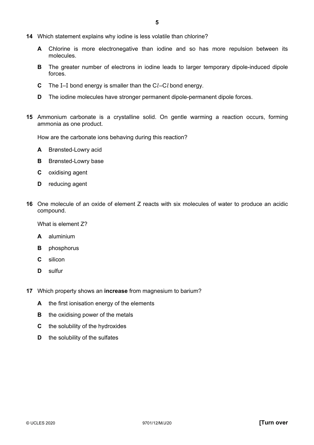 Cambridge A Level Chemistry 9701 2020 May/June Paper 1 · Variant 2 question paper, page 5 of 16