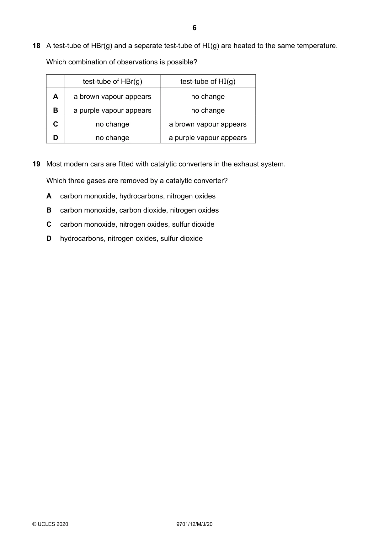 Cambridge A Level Chemistry 9701 2020 May/June Paper 1 · Variant 2 question paper, page 6 of 16