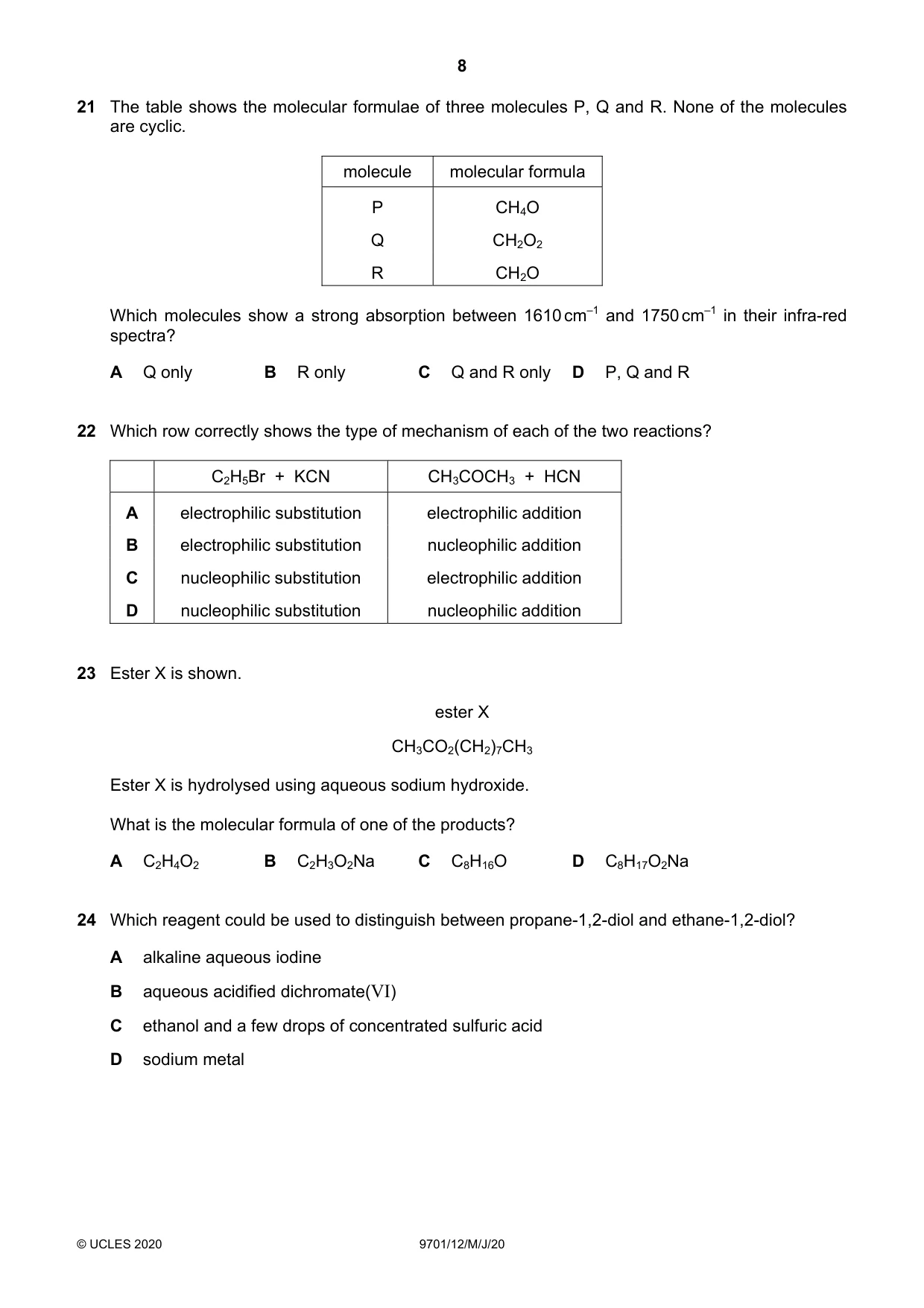 Cambridge A Level Chemistry 9701 2020 May/June Paper 1 · Variant 2 question paper, page 8 of 16