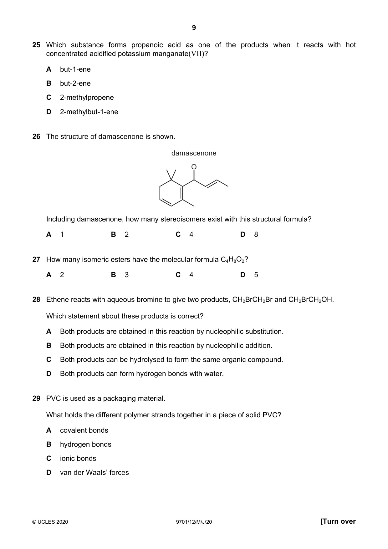 Cambridge A Level Chemistry 9701 2020 May/June Paper 1 · Variant 2 question paper, page 9 of 16