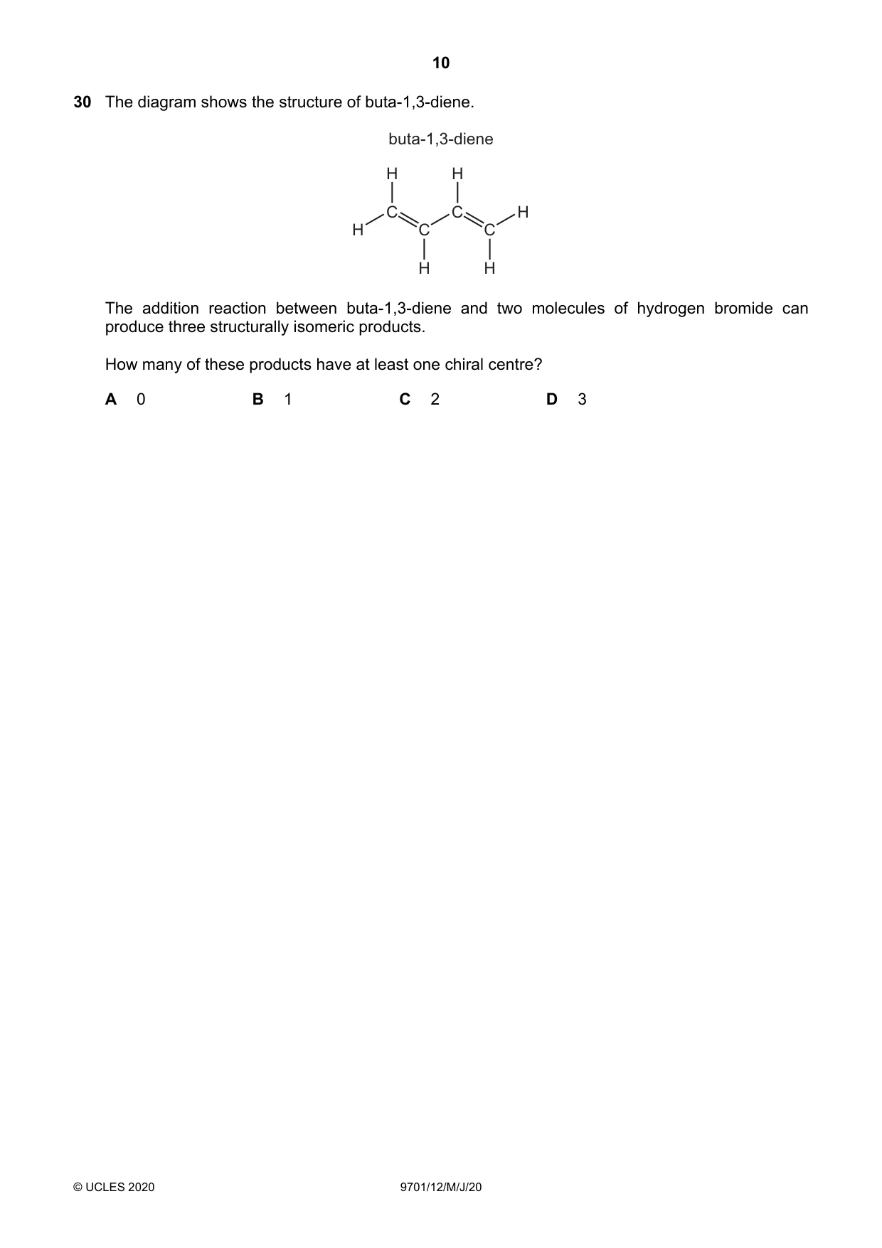 Cambridge A Level Chemistry 9701 2020 May/June Paper 1 · Variant 2 question paper, page 10 of 16