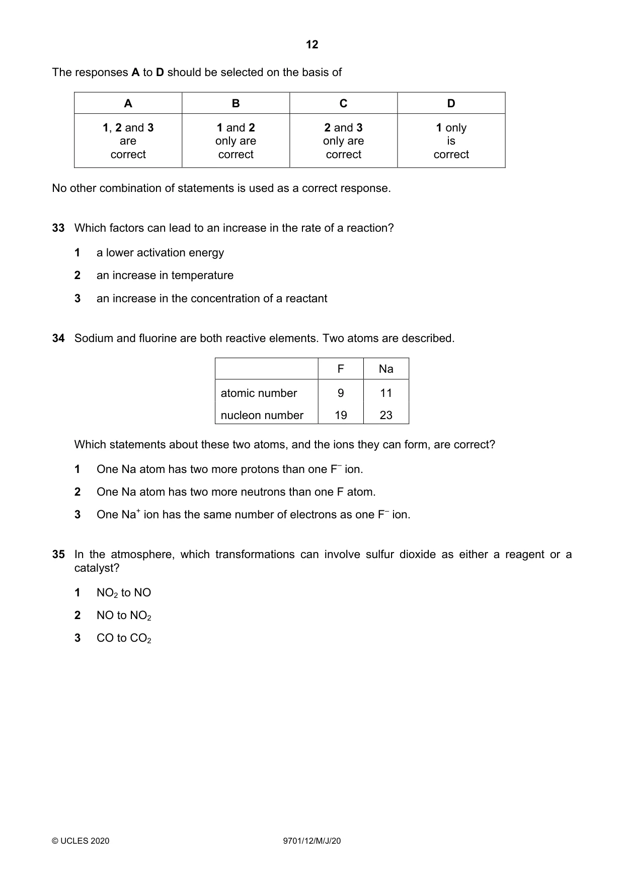 Cambridge A Level Chemistry 9701 2020 May/June Paper 1 · Variant 2 question paper, page 12 of 16