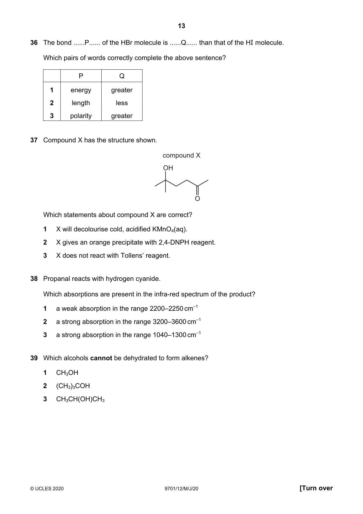 Cambridge A Level Chemistry 9701 2020 May/June Paper 1 · Variant 2 question paper, page 13 of 16