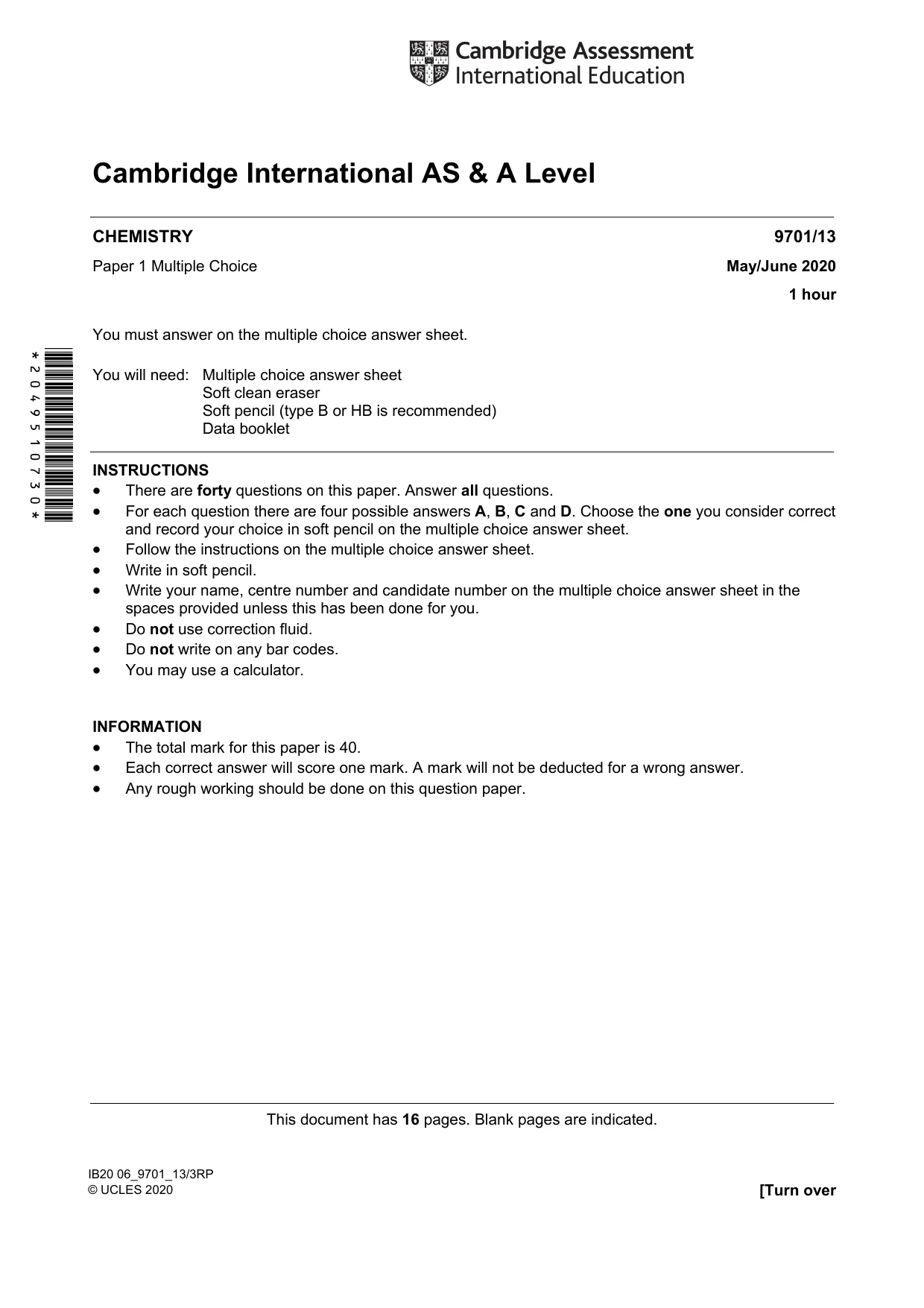Cambridge A Level Chemistry 9701 2020 May/June Paper 1 · Variant 3 question paper, page 1 of 16