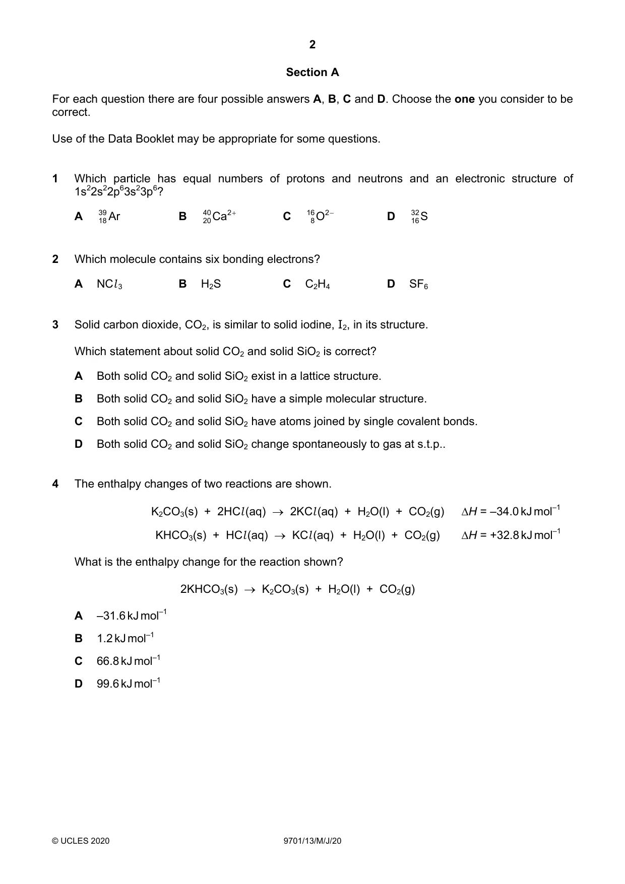 Cambridge A Level Chemistry 9701 2020 May/June Paper 1 · Variant 3 question paper, page 2 of 16