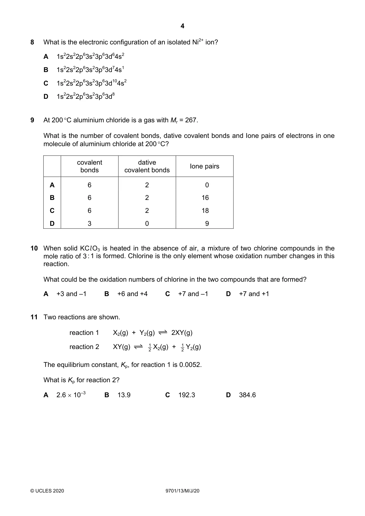Cambridge A Level Chemistry 9701 2020 May/June Paper 1 · Variant 3 question paper, page 4 of 16