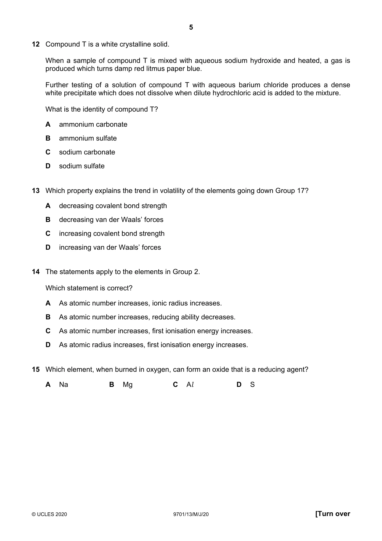Cambridge A Level Chemistry 9701 2020 May/June Paper 1 · Variant 3 question paper, page 5 of 16