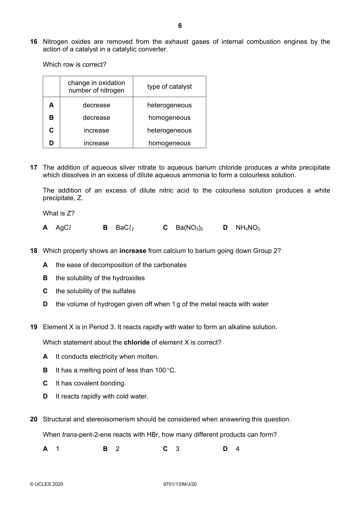 Cambridge A Level Chemistry 9701 2020 May/June Paper 1 · Variant 3 question paper, page 6 of 16