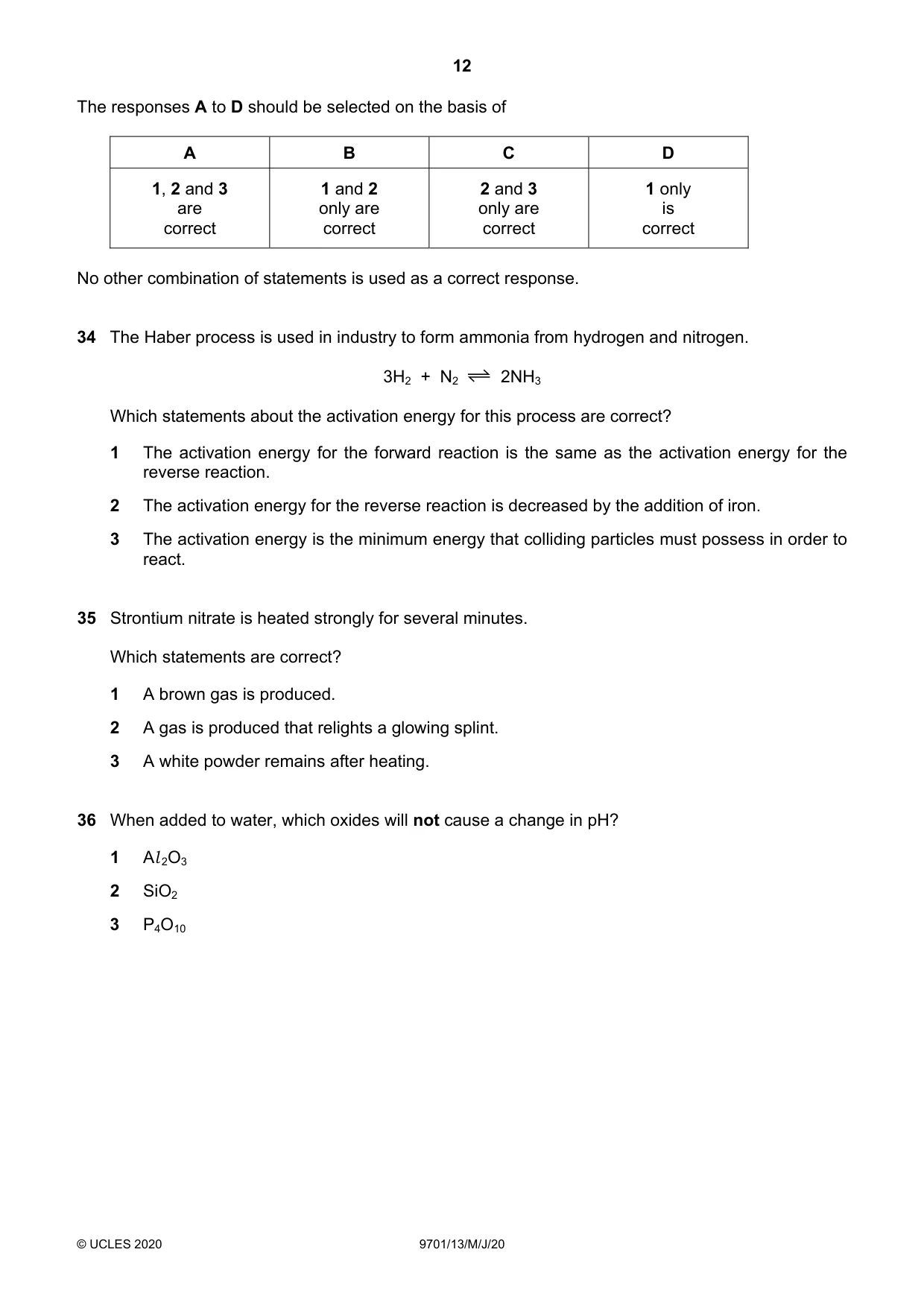 Cambridge A Level Chemistry 9701 2020 May/June Paper 1 · Variant 3 question paper, page 12 of 16