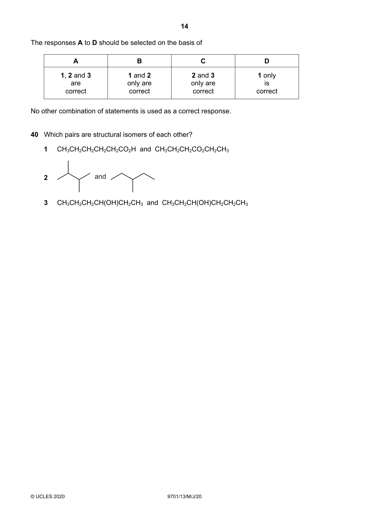Cambridge A Level Chemistry 9701 2020 May/June Paper 1 · Variant 3 question paper, page 14 of 16