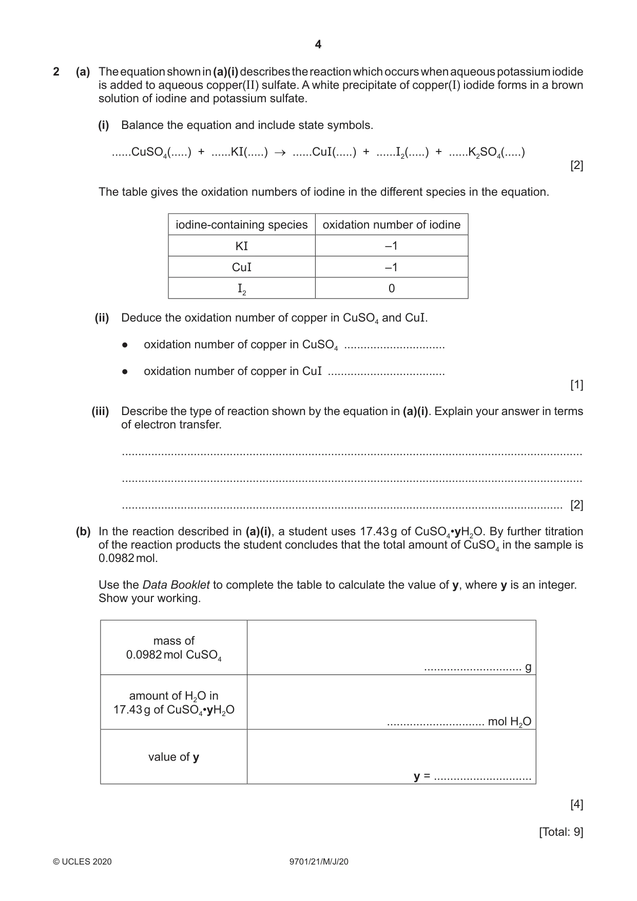 Cambridge A Level Chemistry 9701 2020 May/June Paper 2 · Variant 1 question paper, page 4 of 12