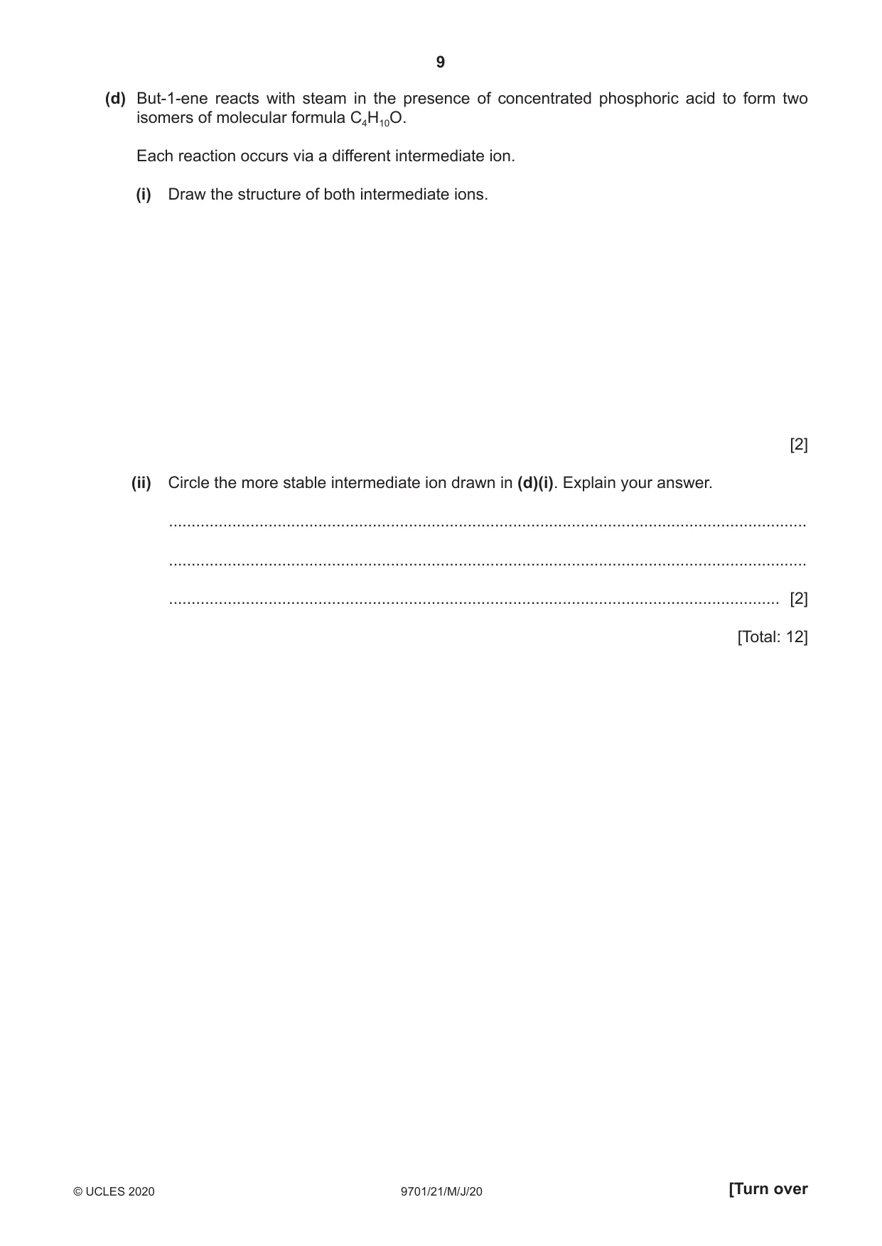 Cambridge A Level Chemistry 9701 2020 May/June Paper 2 · Variant 1 question paper, page 9 of 12