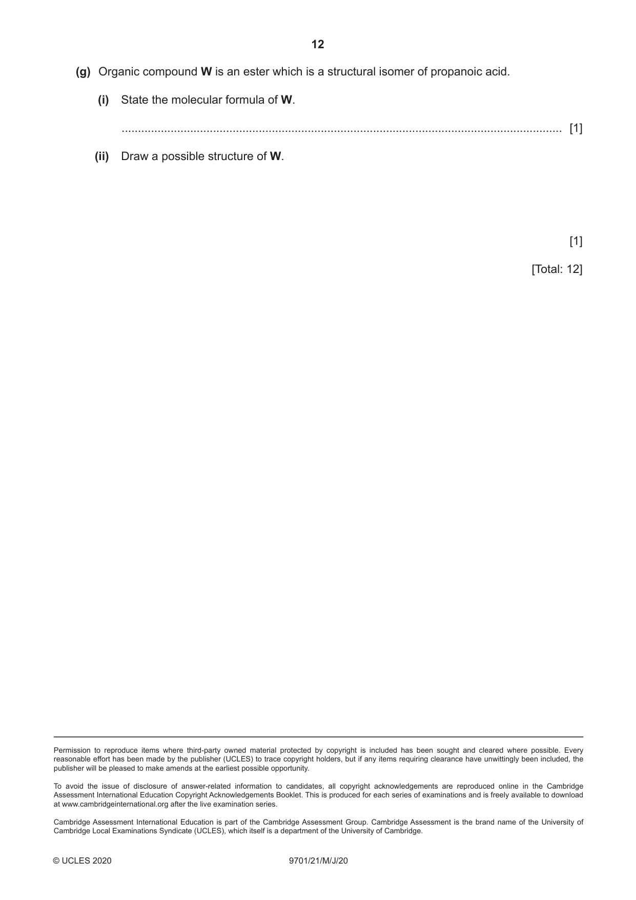 Cambridge A Level Chemistry 9701 2020 May/June Paper 2 · Variant 1 question paper, page 12 of 12