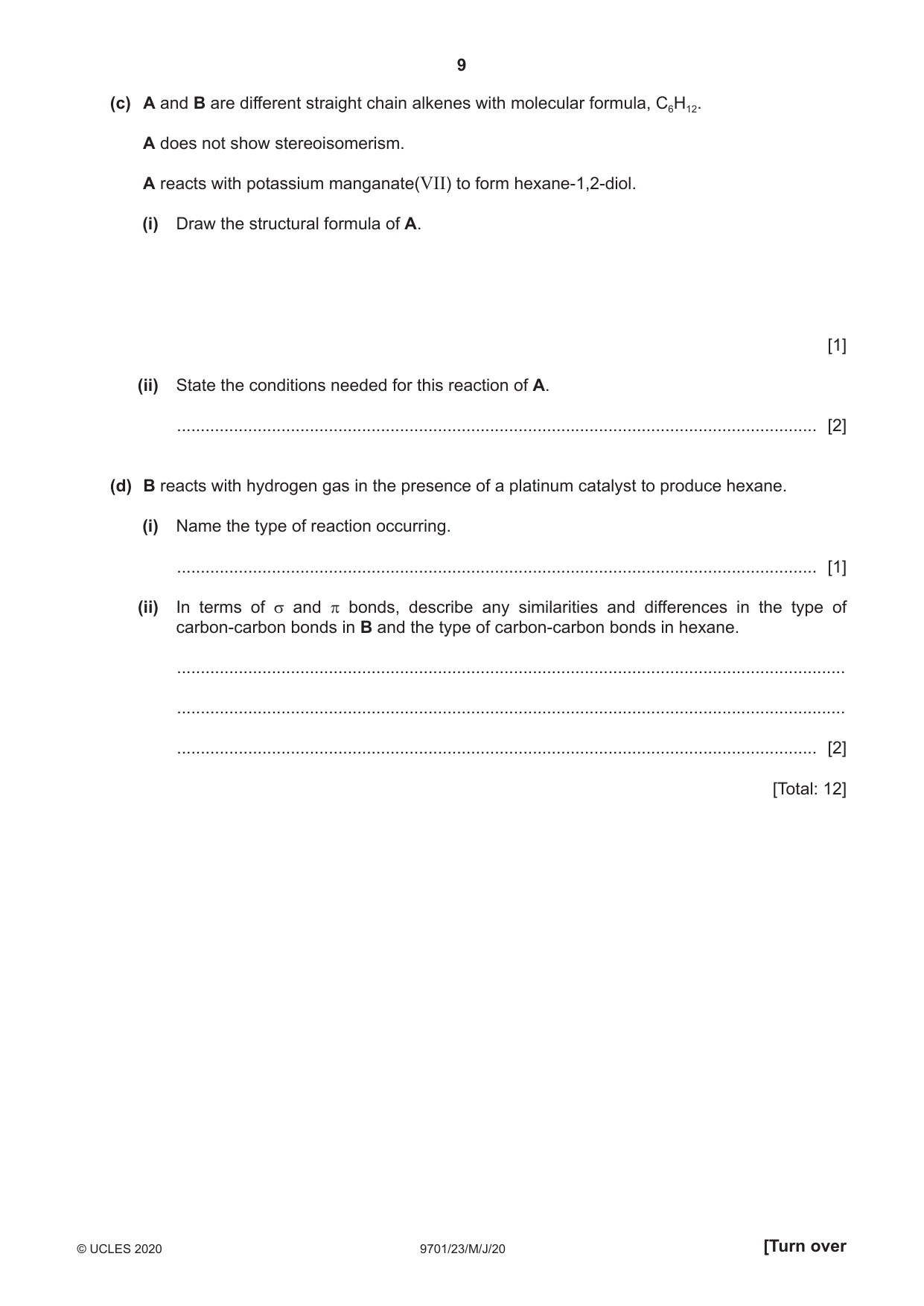 Cambridge A Level Chemistry 9701 2020 May/June Paper 2 · Variant 3 question paper, page 9 of 12