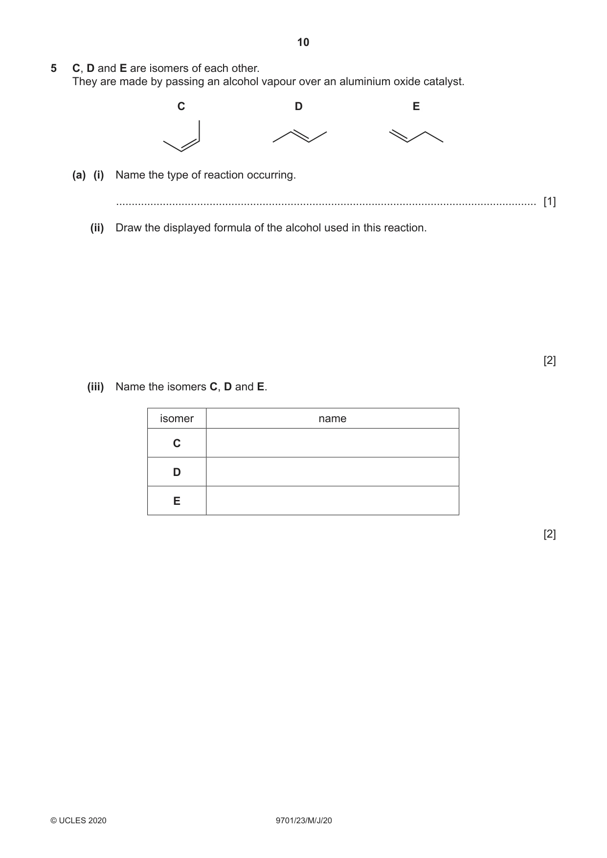 Cambridge A Level Chemistry 9701 2020 May/June Paper 2 · Variant 3 question paper, page 10 of 12