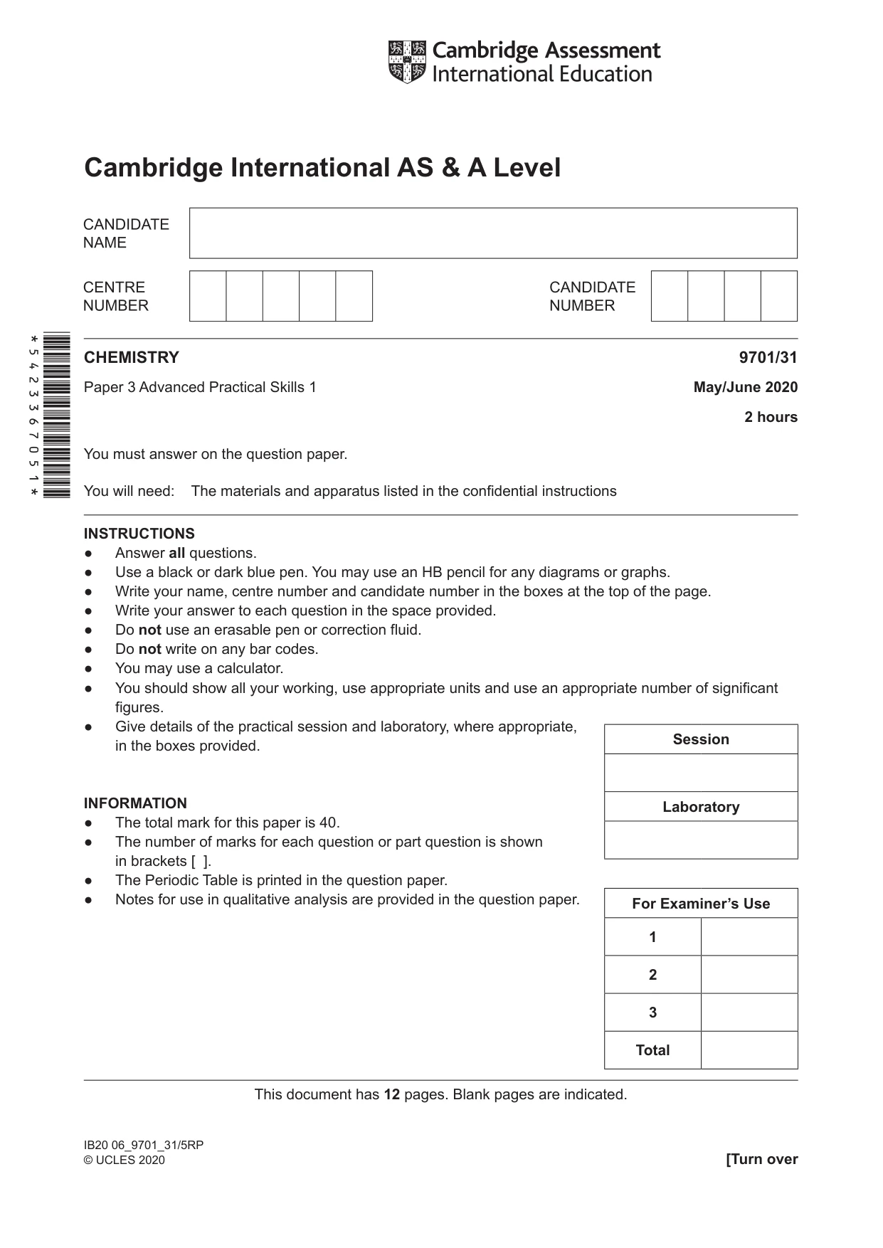 Cambridge A Level Chemistry 9701 2020 May/June Paper 3 · Variant 1 question paper, page 1 of 12