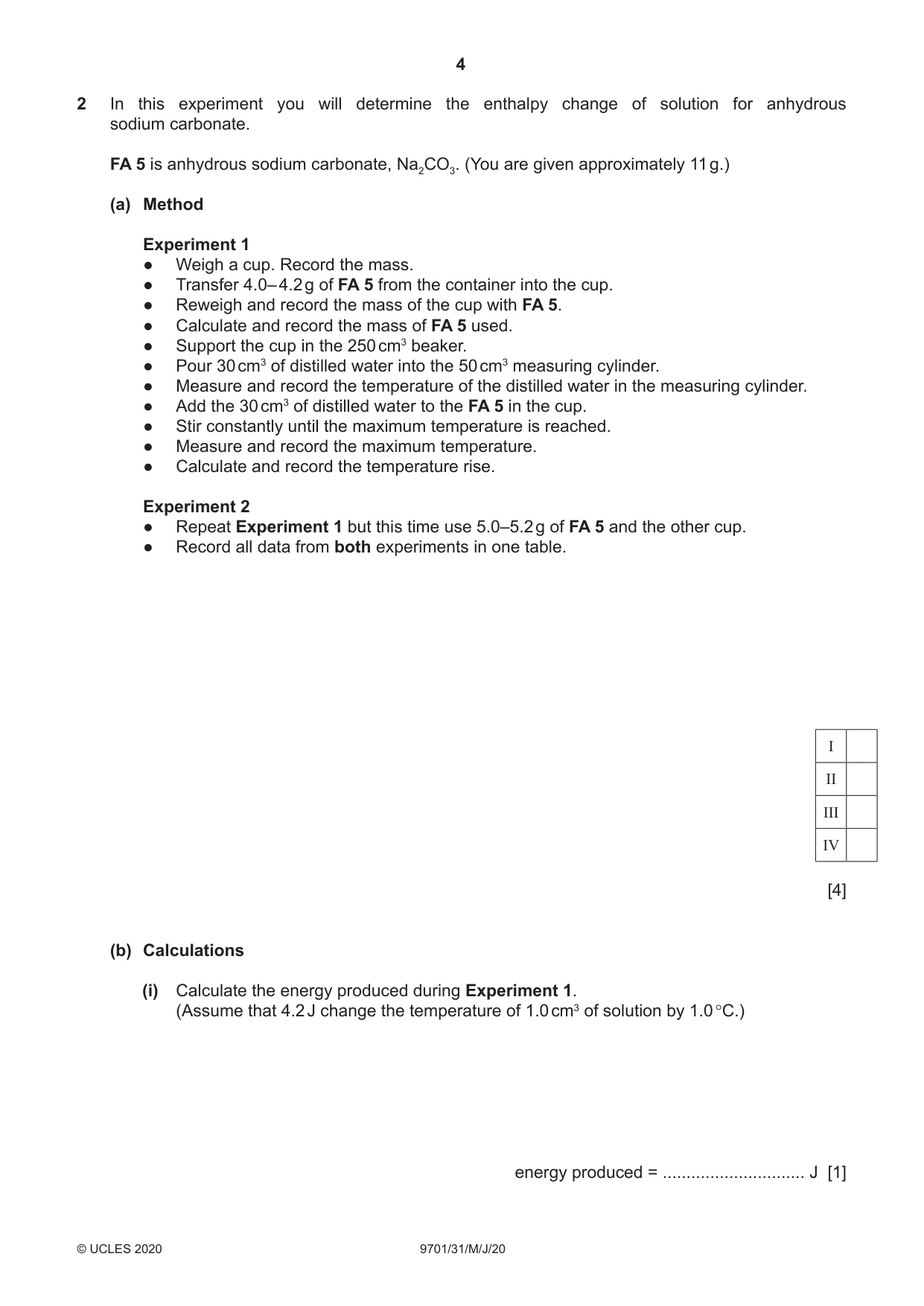 Cambridge A Level Chemistry 9701 2020 May/June Paper 3 · Variant 1 question paper, page 4 of 12