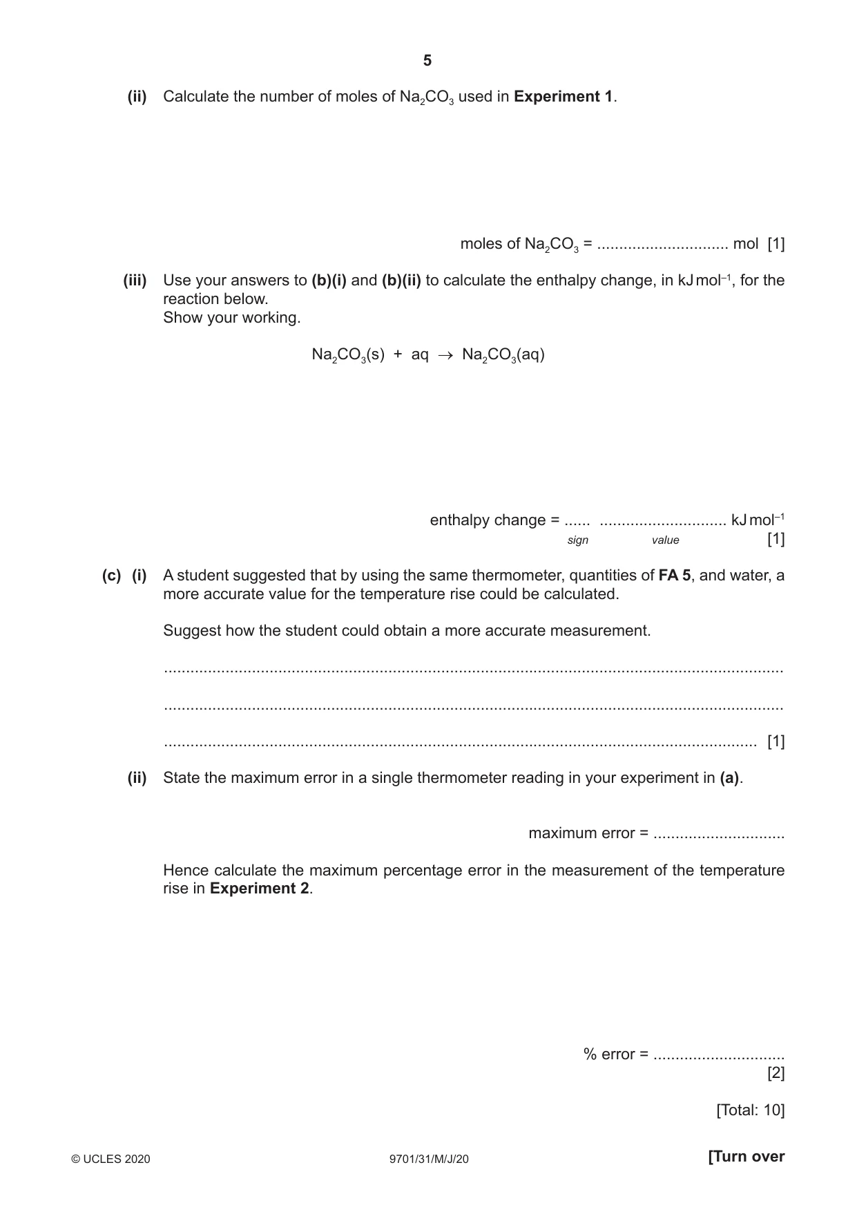 Cambridge A Level Chemistry 9701 2020 May/June Paper 3 · Variant 1 question paper, page 5 of 12