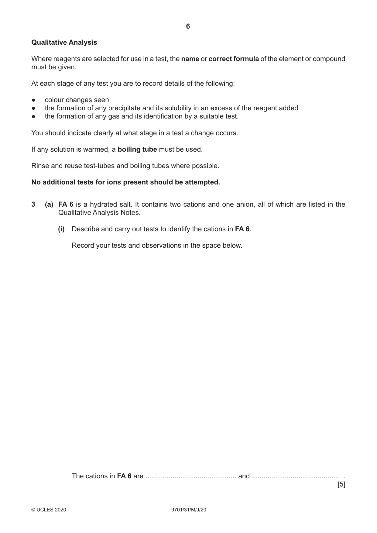 Cambridge A Level Chemistry 9701 2020 May/June Paper 3 · Variant 1 question paper, page 6 of 12