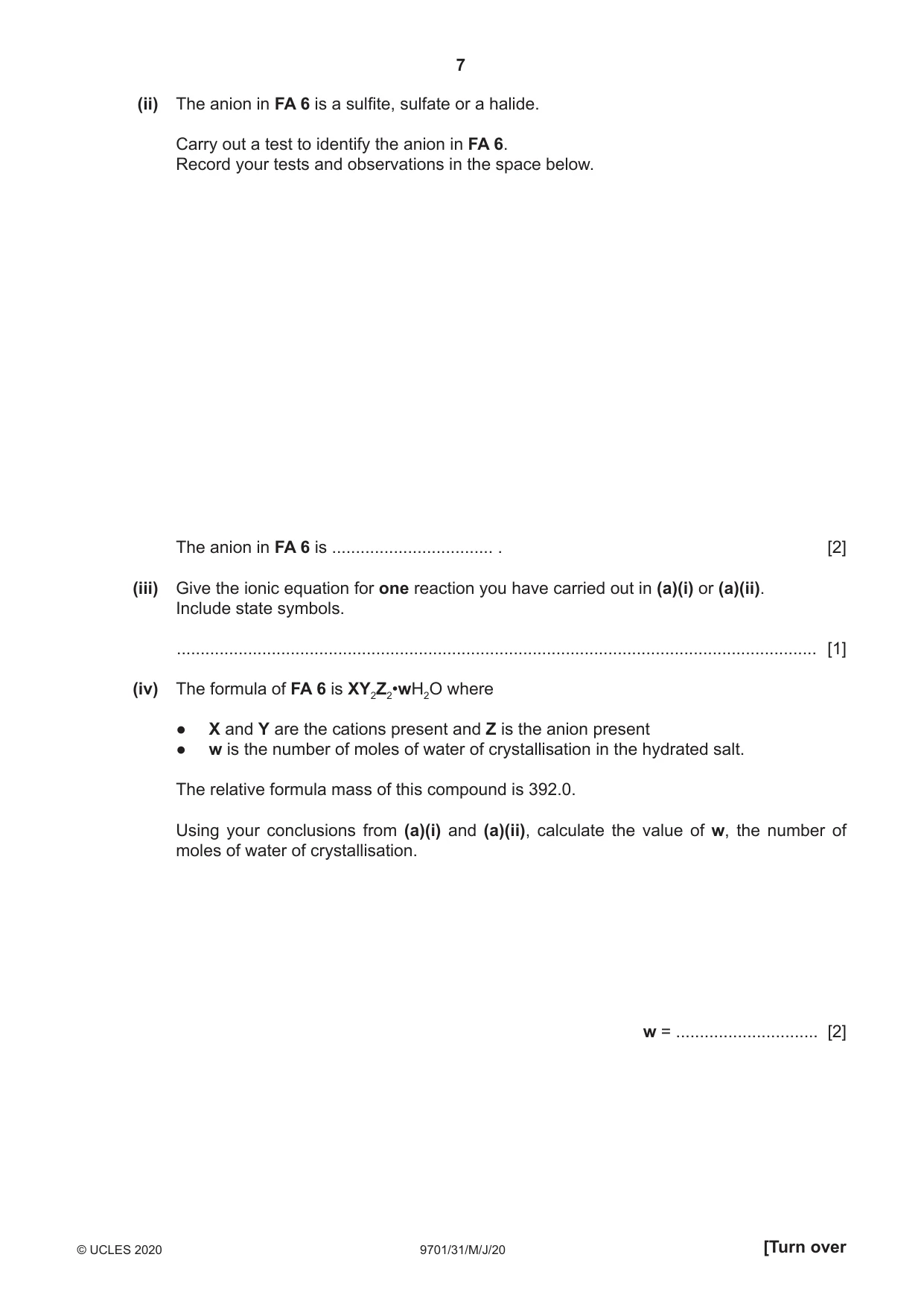 Cambridge A Level Chemistry 9701 2020 May/June Paper 3 · Variant 1 question paper, page 7 of 12