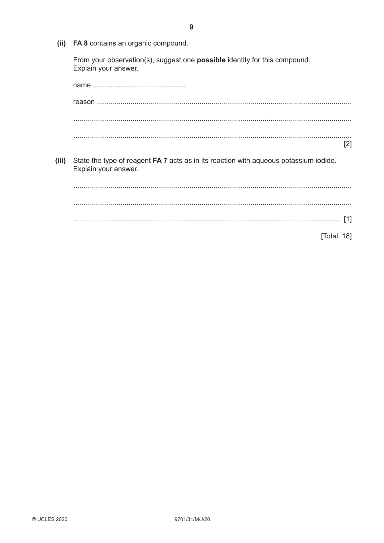 Cambridge A Level Chemistry 9701 2020 May/June Paper 3 · Variant 1 question paper, page 9 of 12