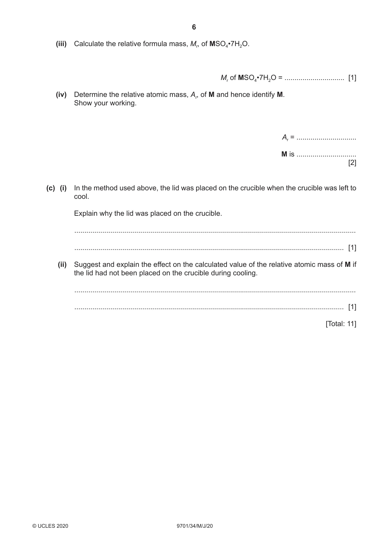 Cambridge A Level Chemistry 9701 2020 May/June Paper 3 · Variant 4 question paper, page 6 of 12