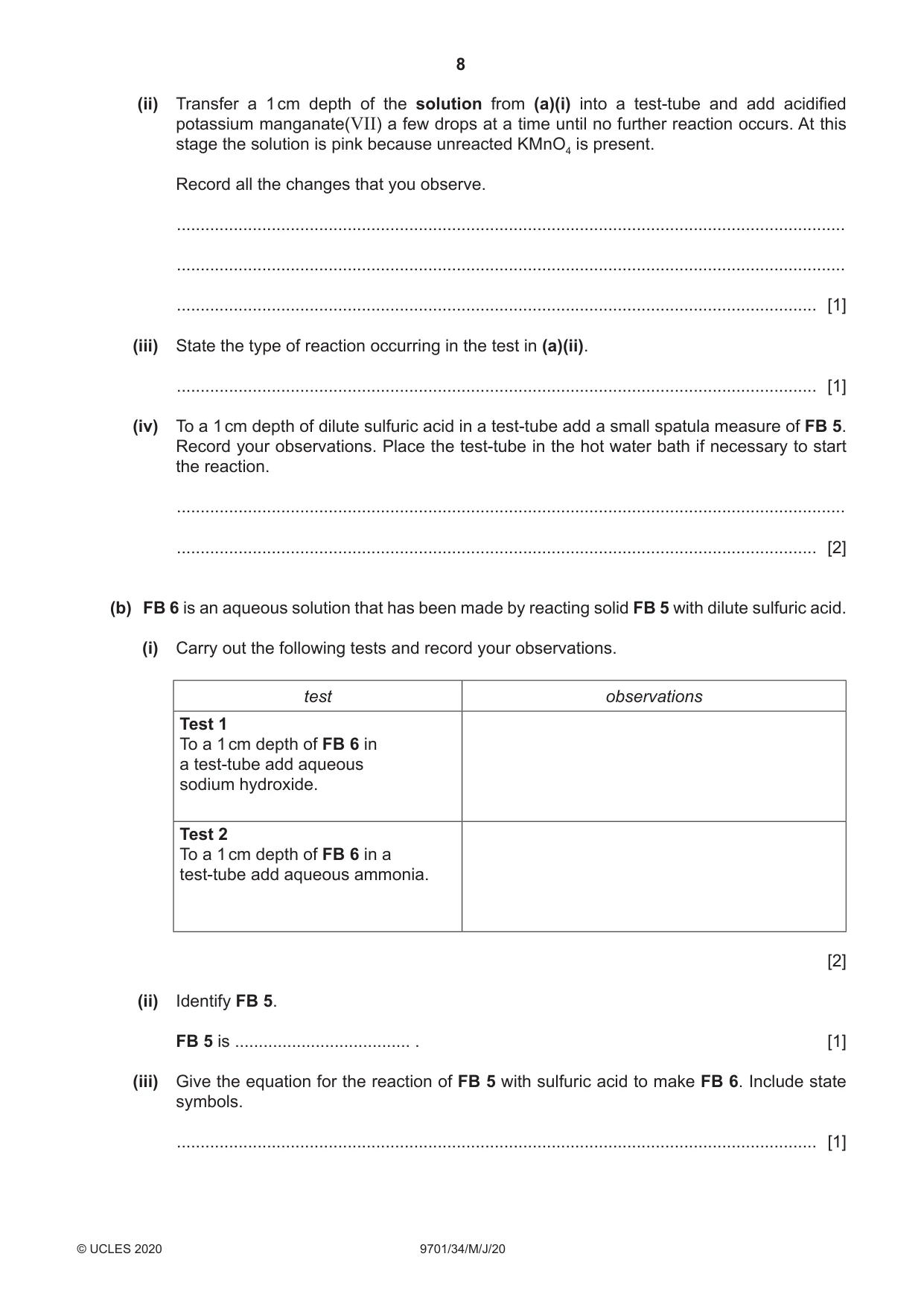 Cambridge A Level Chemistry 9701 2020 May/June Paper 3 · Variant 4 question paper, page 8 of 12