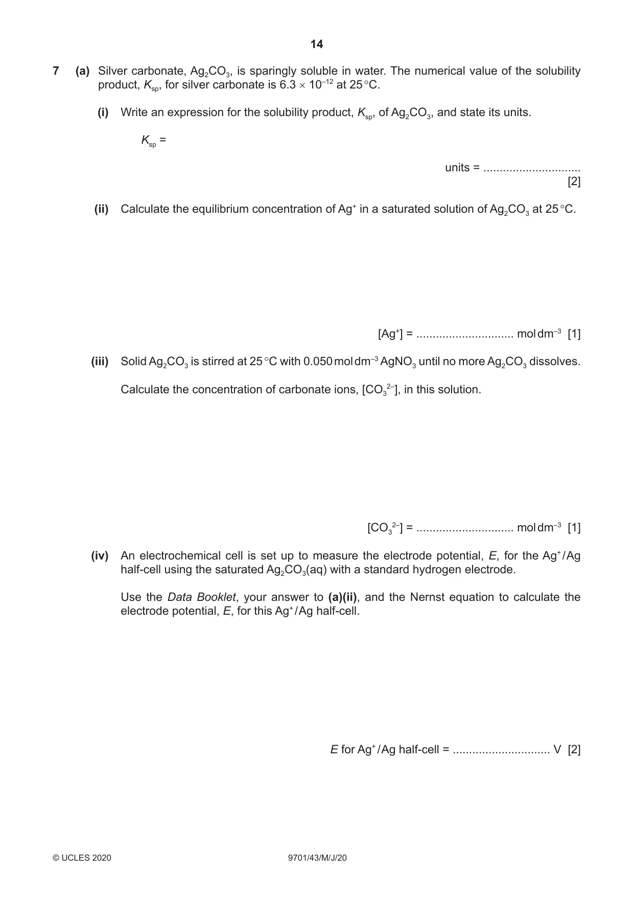 Cambridge A Level Chemistry 9701 2020 May/June Paper 4 · Variant 3 question paper, page 14 of 20