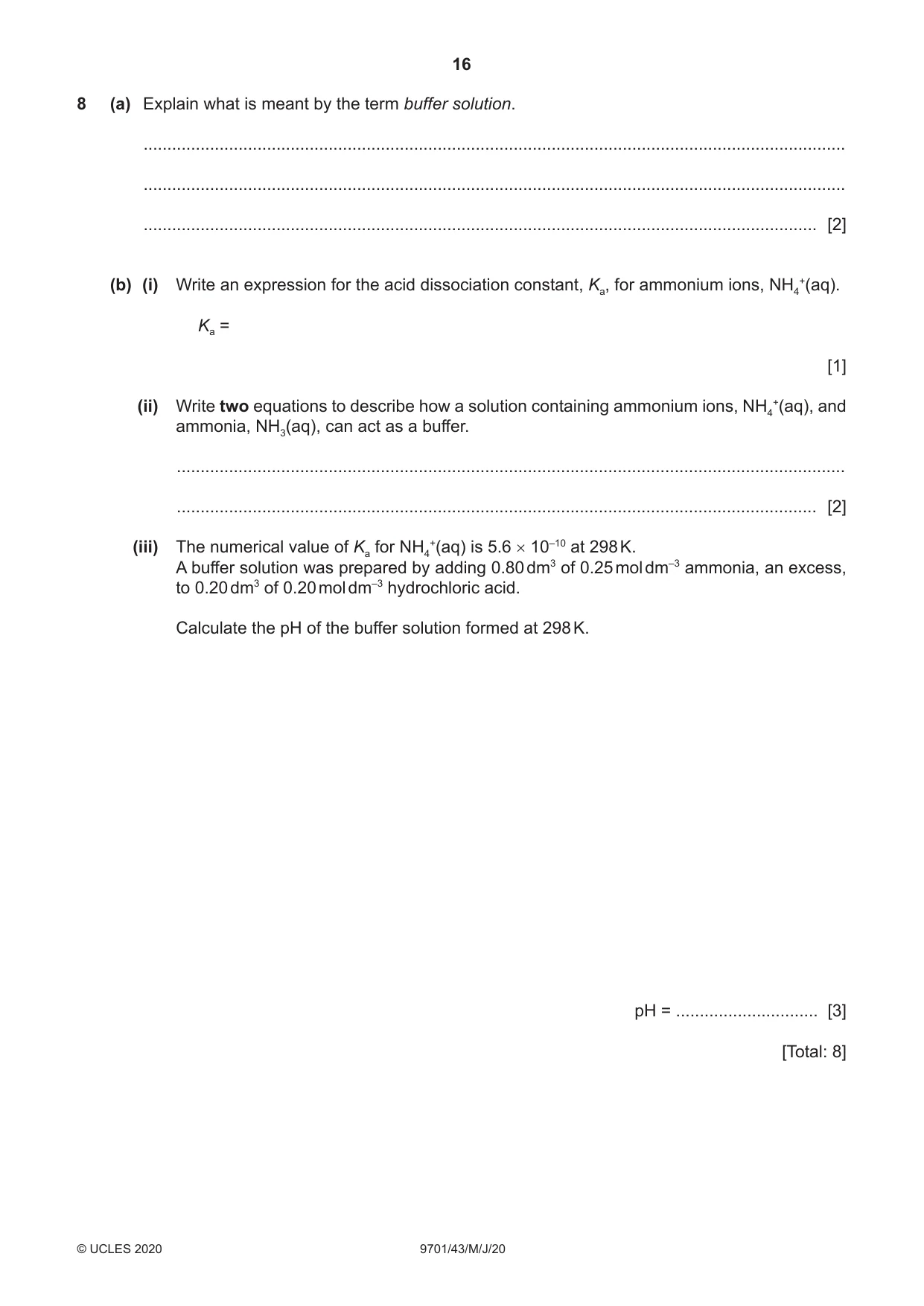 Cambridge A Level Chemistry 9701 2020 May/June Paper 4 · Variant 3 question paper, page 16 of 20