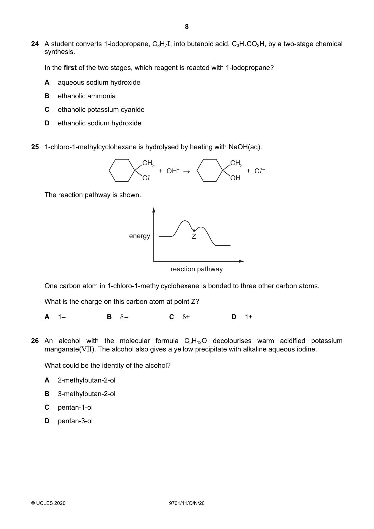 Cambridge A Level Chemistry 9701 2020 Oct/Nov Paper 1 · Variant 1 question paper, page 8 of 16