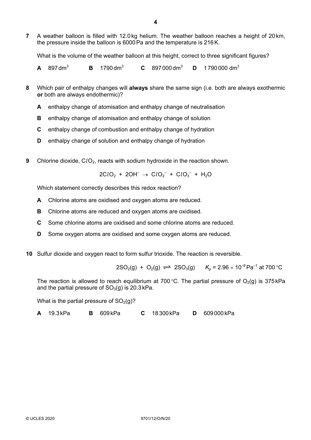 Cambridge A Level Chemistry 9701 2020 Oct/Nov Paper 1 · Variant 2 question paper, page 4 of 16