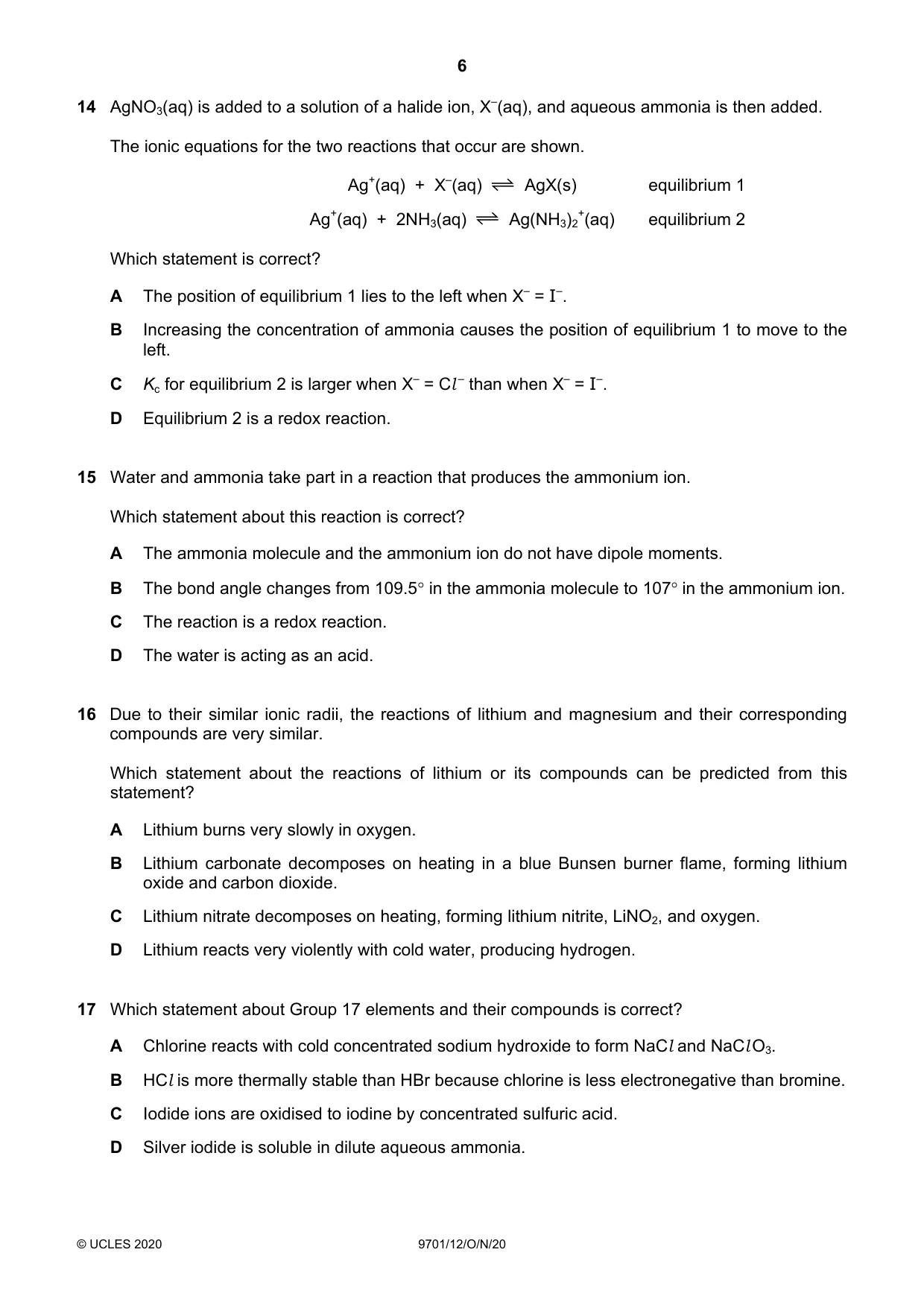 Cambridge A Level Chemistry 9701 2020 Oct/Nov Paper 1 · Variant 2 question paper, page 6 of 16
