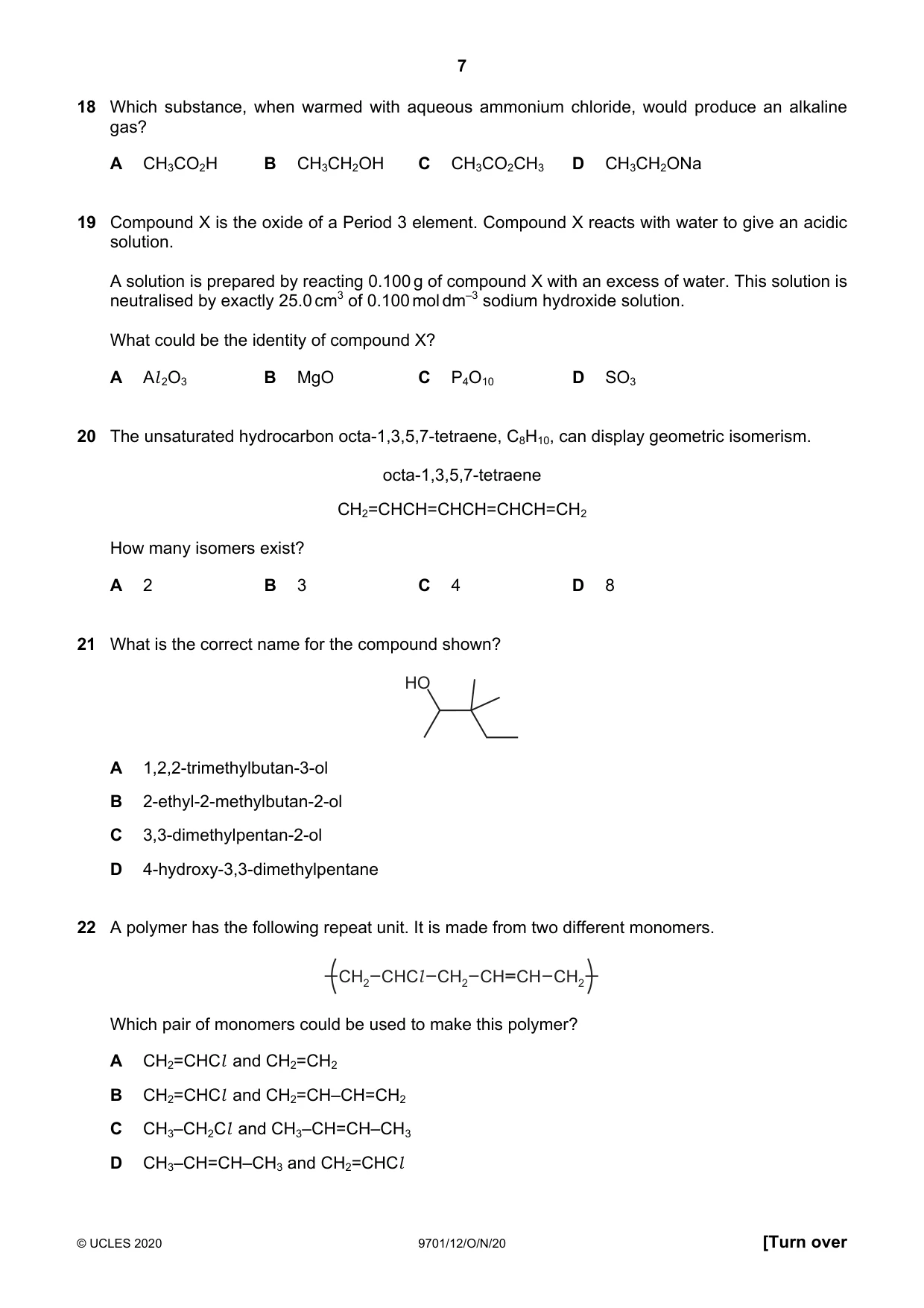 Cambridge A Level Chemistry 9701 2020 Oct/Nov Paper 1 · Variant 2 question paper, page 7 of 16