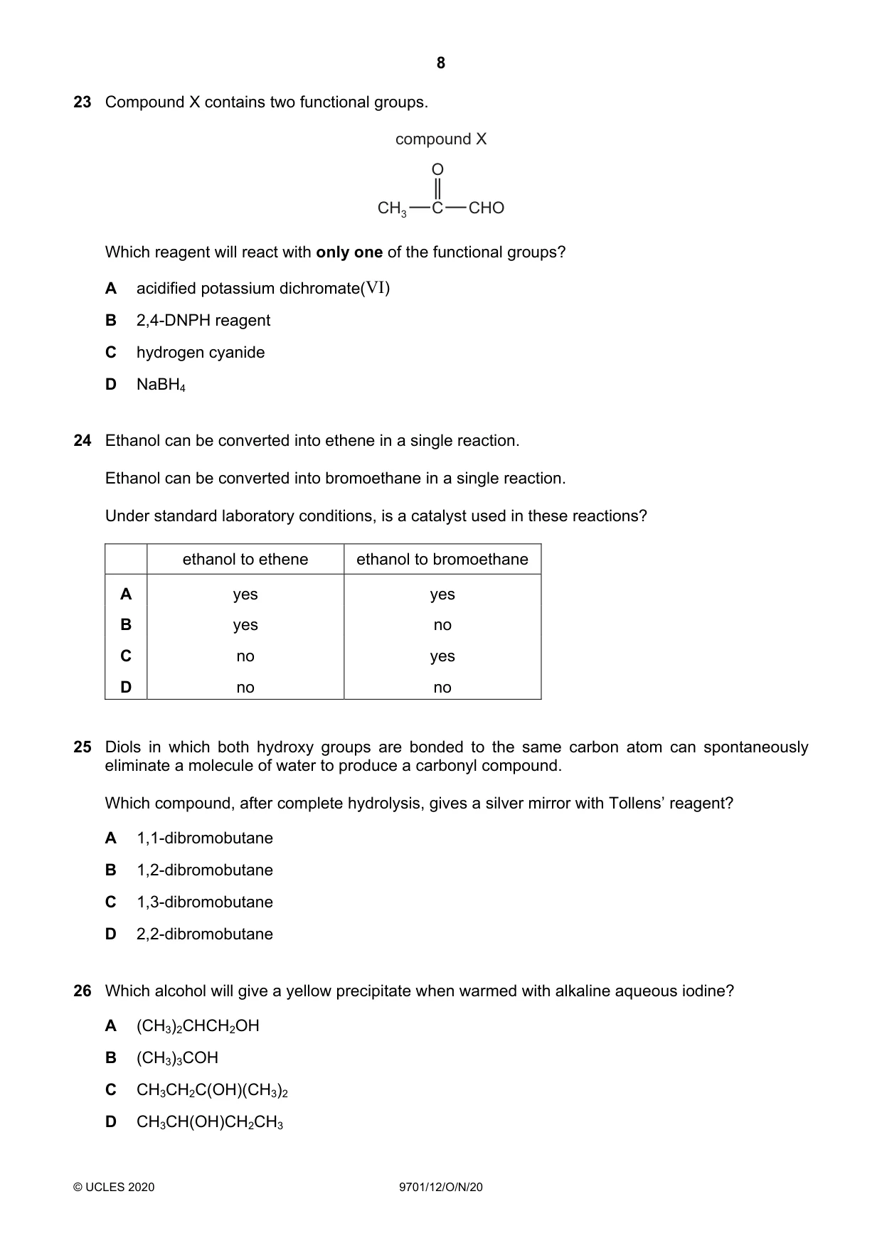 Cambridge A Level Chemistry 9701 2020 Oct/Nov Paper 1 · Variant 2 question paper, page 8 of 16