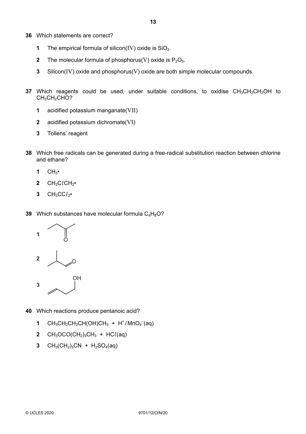 Cambridge A Level Chemistry 9701 2020 Oct/Nov Paper 1 · Variant 2 question paper, page 13 of 16