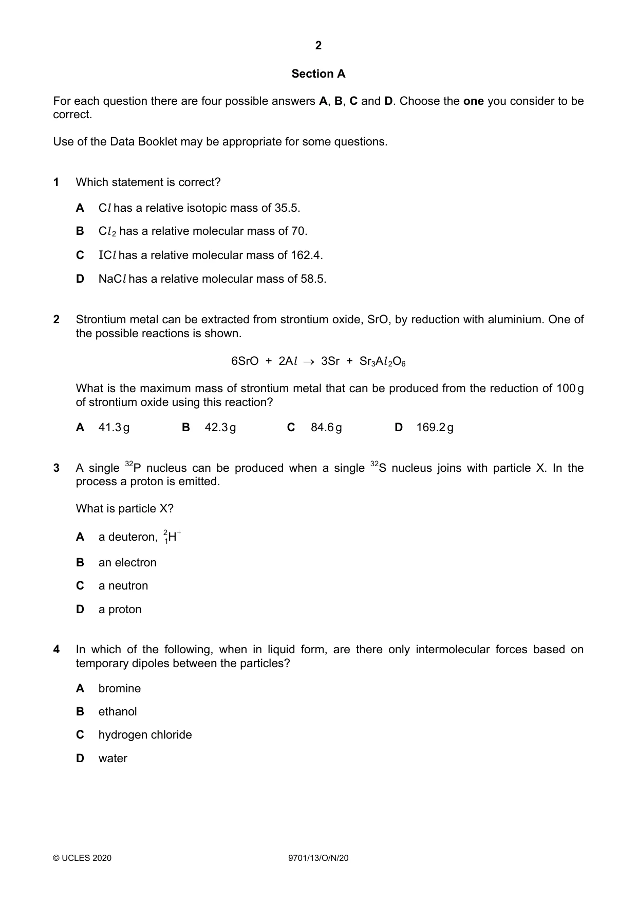 Cambridge A Level Chemistry 9701 2020 Oct/Nov Paper 1 · Variant 3 question paper, page 2 of 16