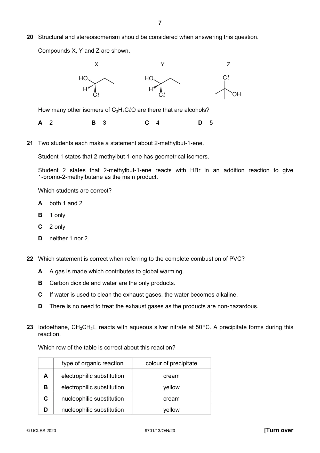 Cambridge A Level Chemistry 9701 2020 Oct/Nov Paper 1 · Variant 3 question paper, page 7 of 16