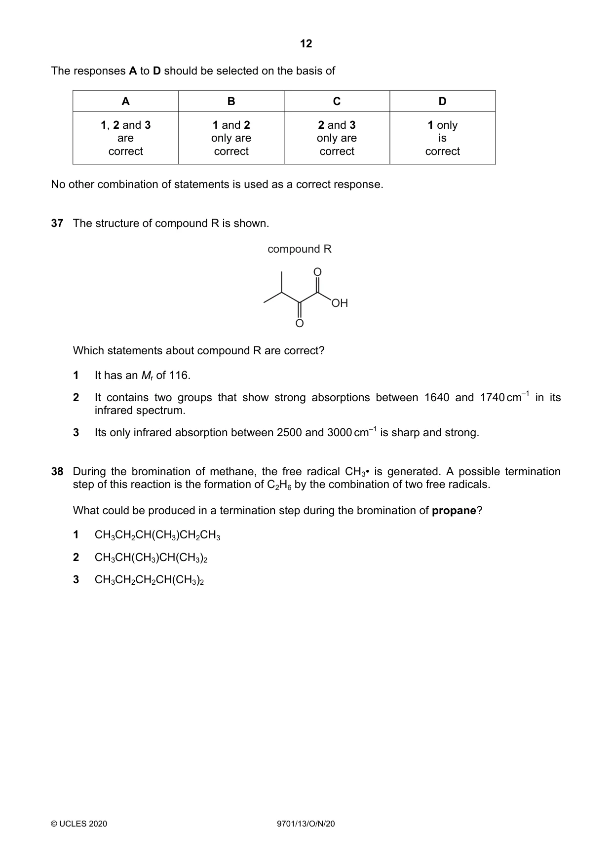 Cambridge A Level Chemistry 9701 2020 Oct/Nov Paper 1 · Variant 3 question paper, page 12 of 16