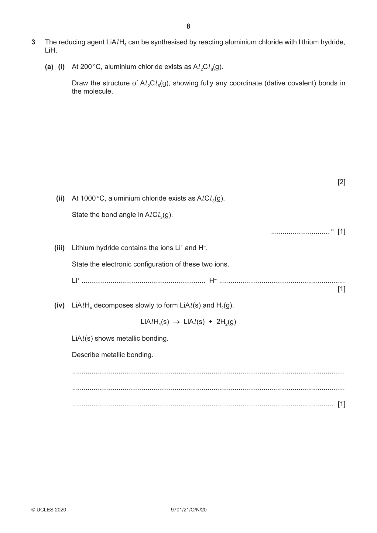 Cambridge A Level Chemistry 9701 2020 Oct/Nov Paper 2 · Variant 1 question paper, page 8 of 16