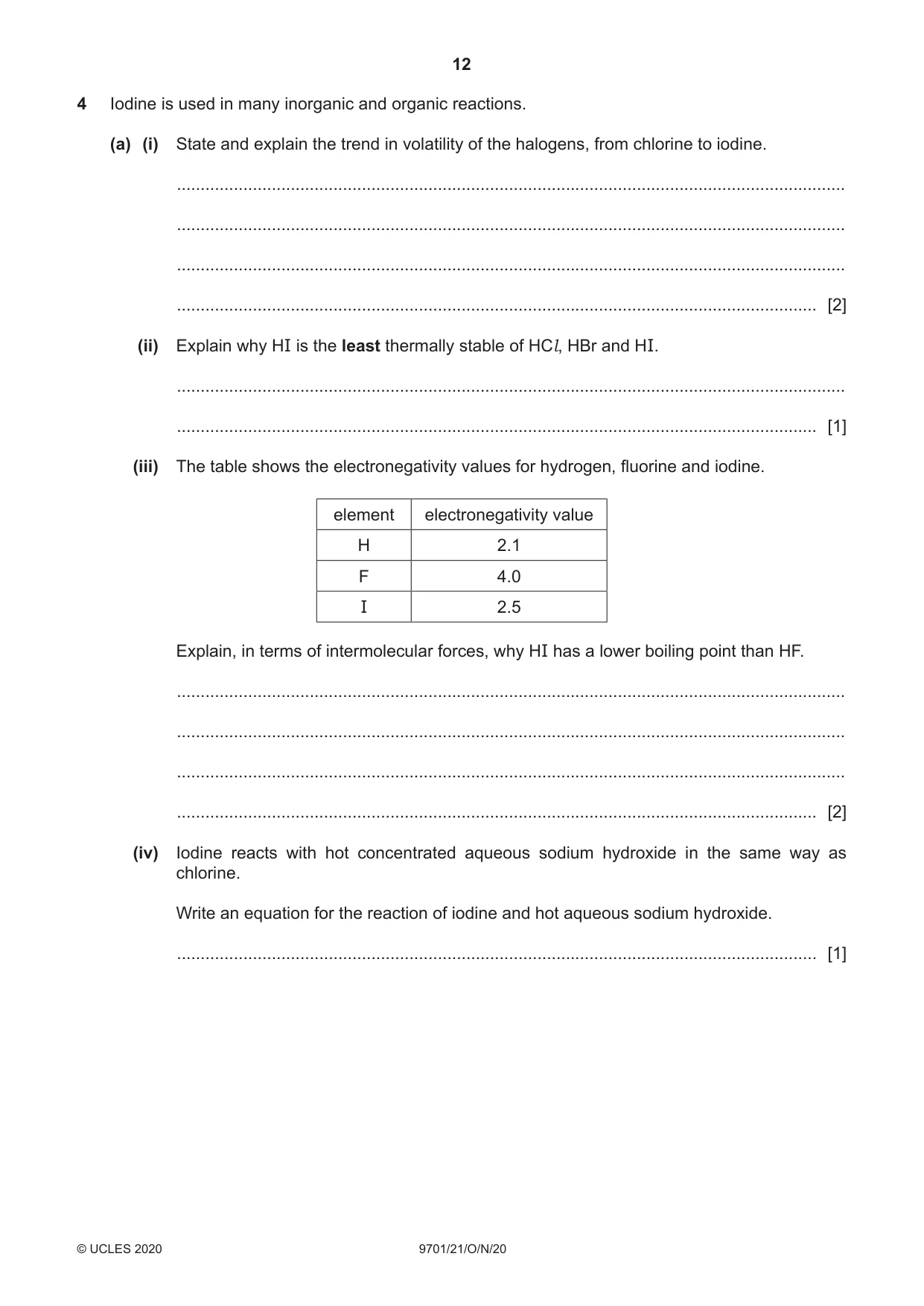 Cambridge A Level Chemistry 9701 2020 Oct/Nov Paper 2 · Variant 1 question paper, page 12 of 16