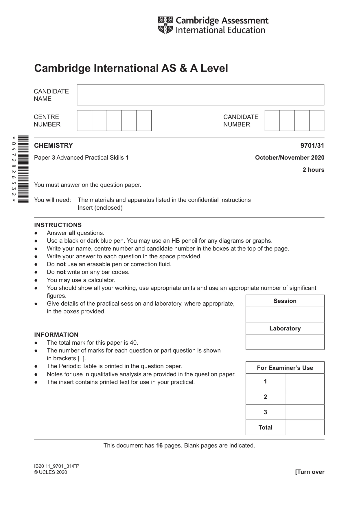 Cambridge A Level Chemistry 9701 2020 Oct/Nov Paper 3 · Variant 1 question paper, page 1 of 16