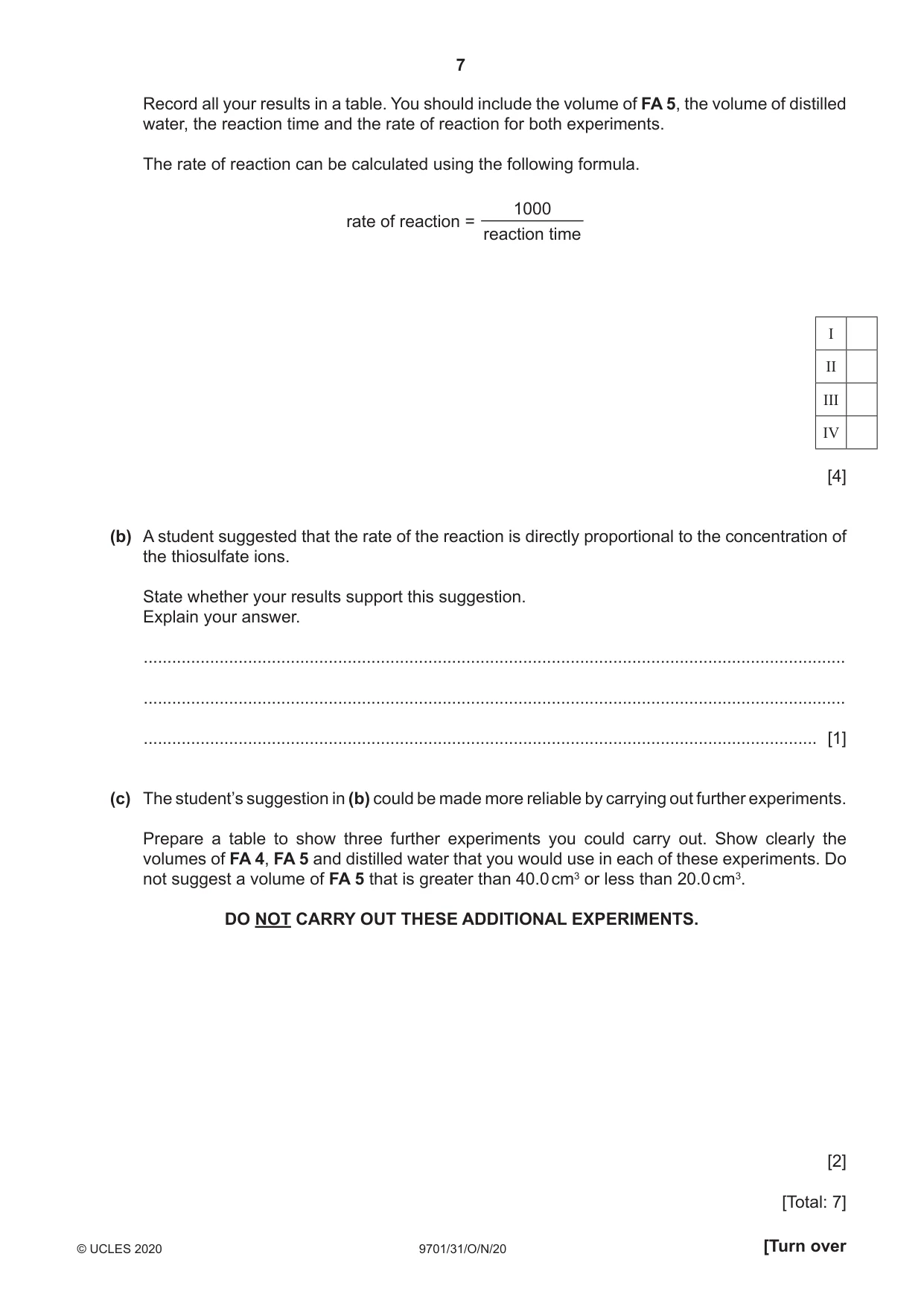 Cambridge A Level Chemistry 9701 2020 Oct/Nov Paper 3 · Variant 1 question paper, page 7 of 16
