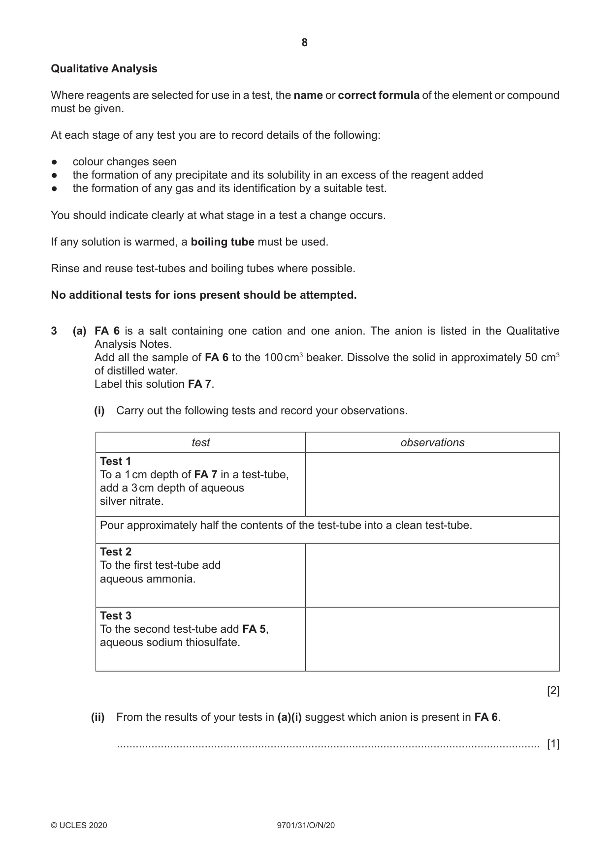 Cambridge A Level Chemistry 9701 2020 Oct/Nov Paper 3 · Variant 1 question paper, page 8 of 16