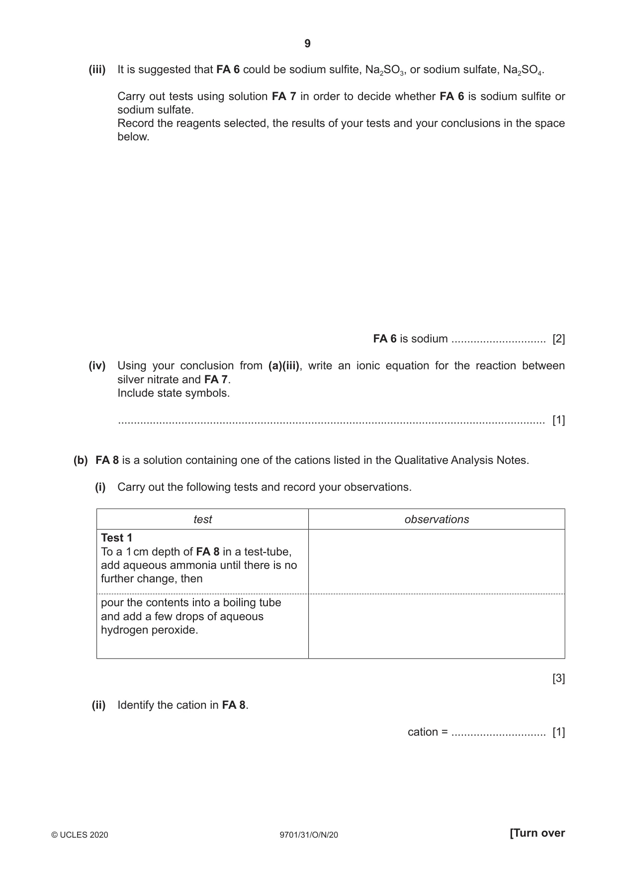 Cambridge A Level Chemistry 9701 2020 Oct/Nov Paper 3 · Variant 1 question paper, page 9 of 16