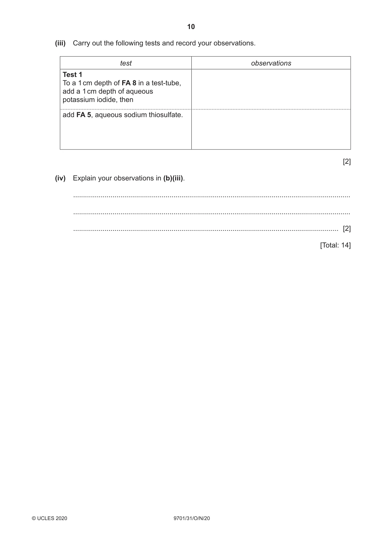 Cambridge A Level Chemistry 9701 2020 Oct/Nov Paper 3 · Variant 1 question paper, page 10 of 16