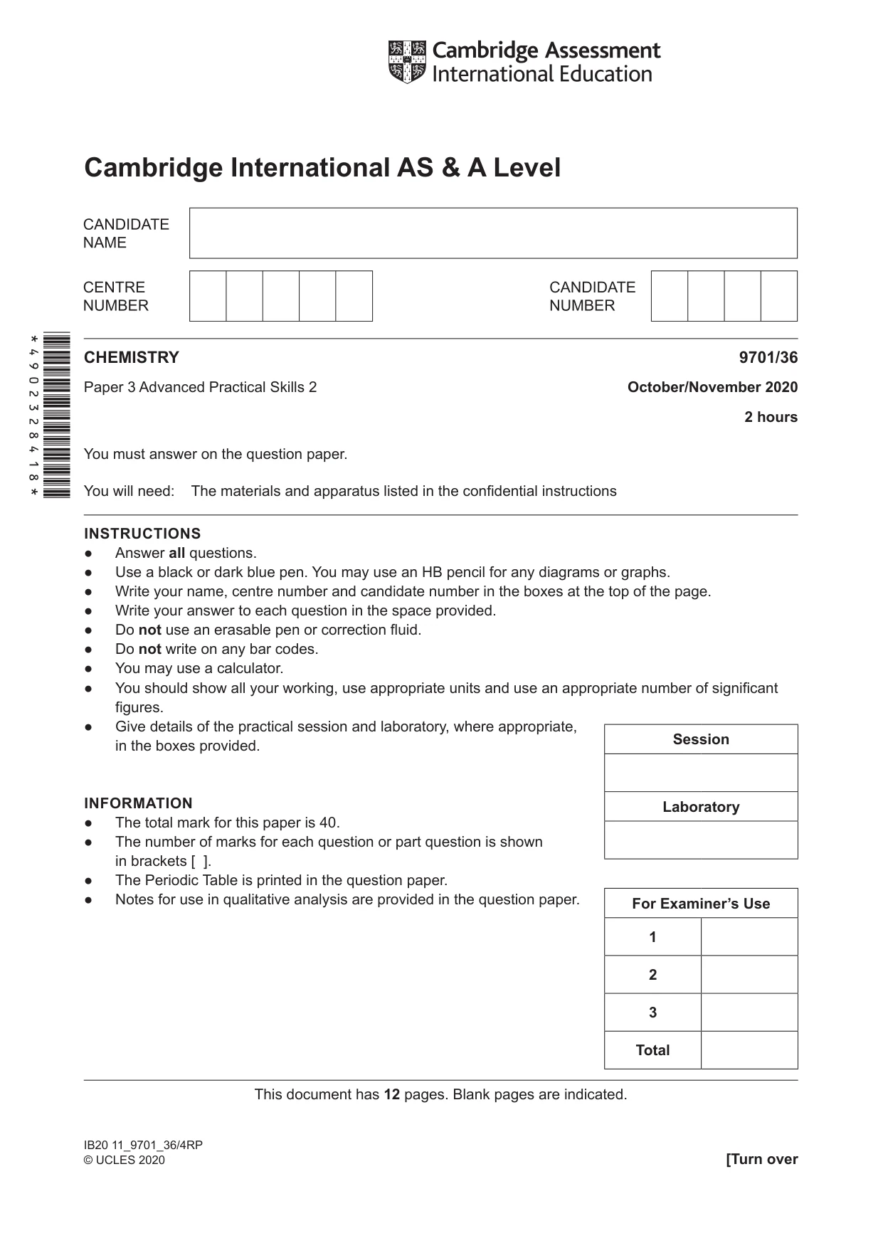 Cambridge A Level Chemistry 9701 2020 Oct/Nov Paper 3 · Variant 6 question paper, page 1 of 12
