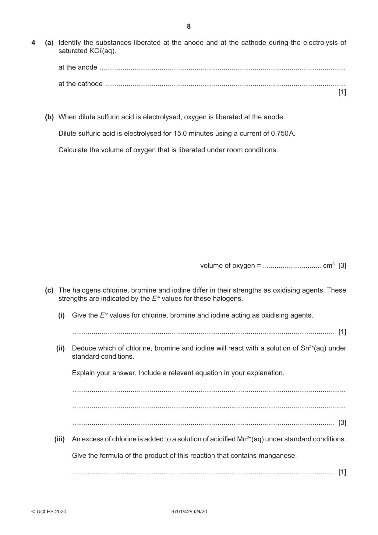 Cambridge A Level Chemistry 9701 2020 Oct/Nov Paper 4 · Variant 2 question paper, page 8 of 20